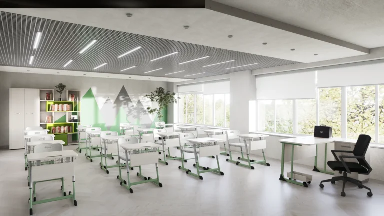 NOMAD Single-Seater Adjustable Student Desk in an educational interior