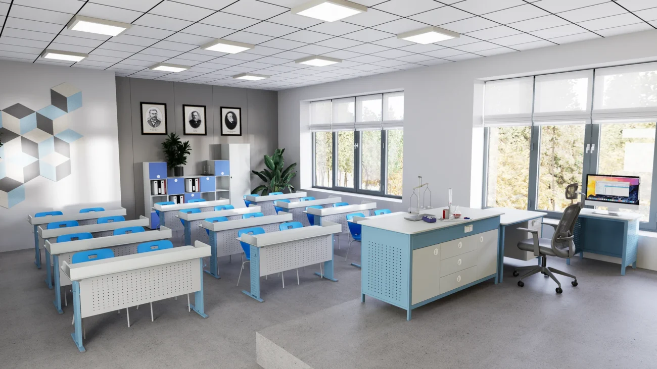 Two-Seater Physics Student Desk with Power Outlets in an interior setting