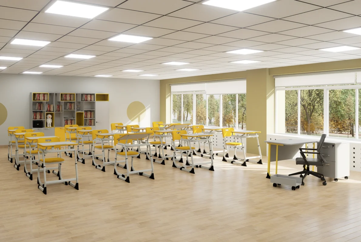 Teacher Desk with Pedestal and Polyurethane Edge in an interior setting