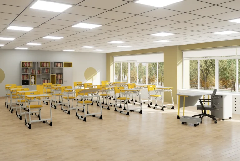 Teacher Desk with Pedestal and Polyurethane Edge in an interior setting